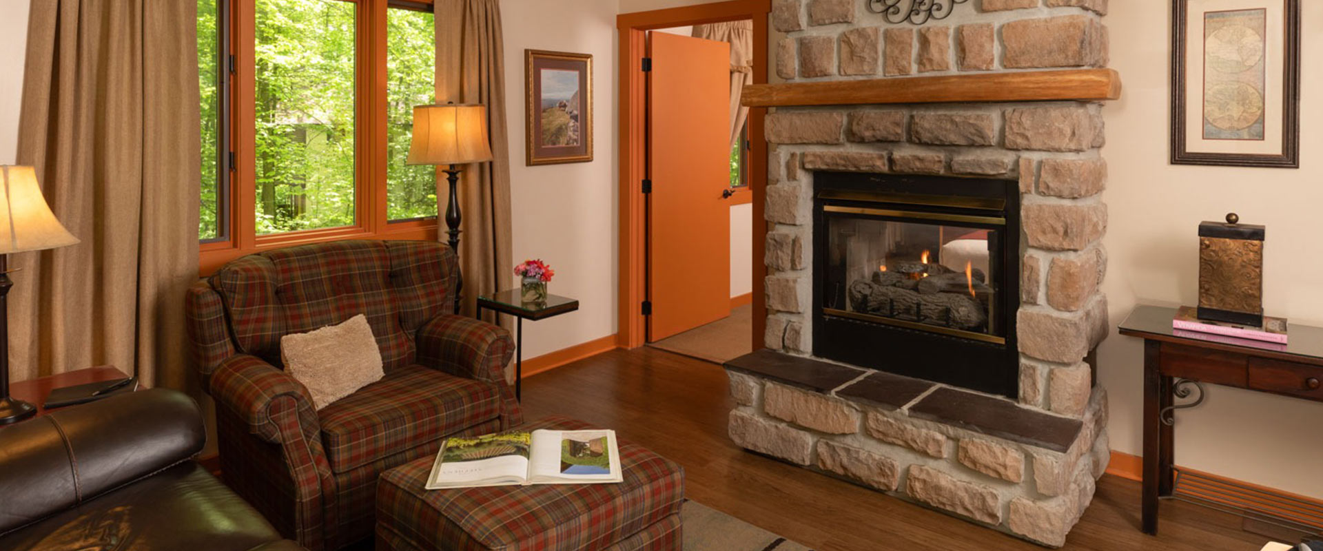 Sitting area and fireplace in the MacDougal at Glenlaurel.