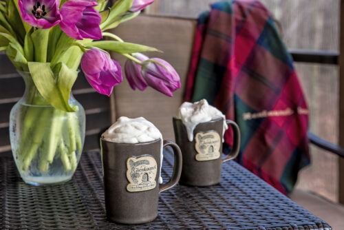 Two Glenlaurel mugs with hot chocolate, with a vase of purple flowers.
