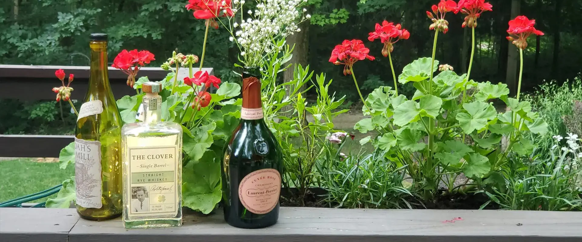 Three bottles of alcohol in front of red flowers outside.