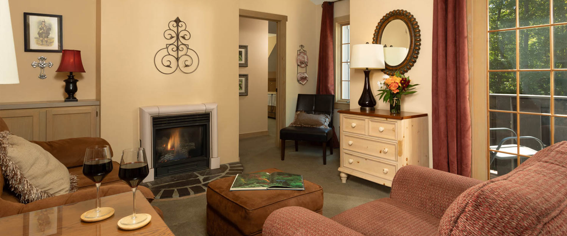 Fireplace and living room in the MacDonald at Glenlaurel.