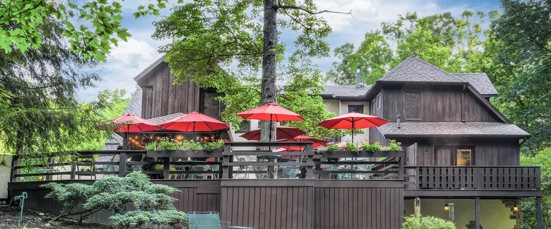 Outside patio with red umbrellas and greenery.