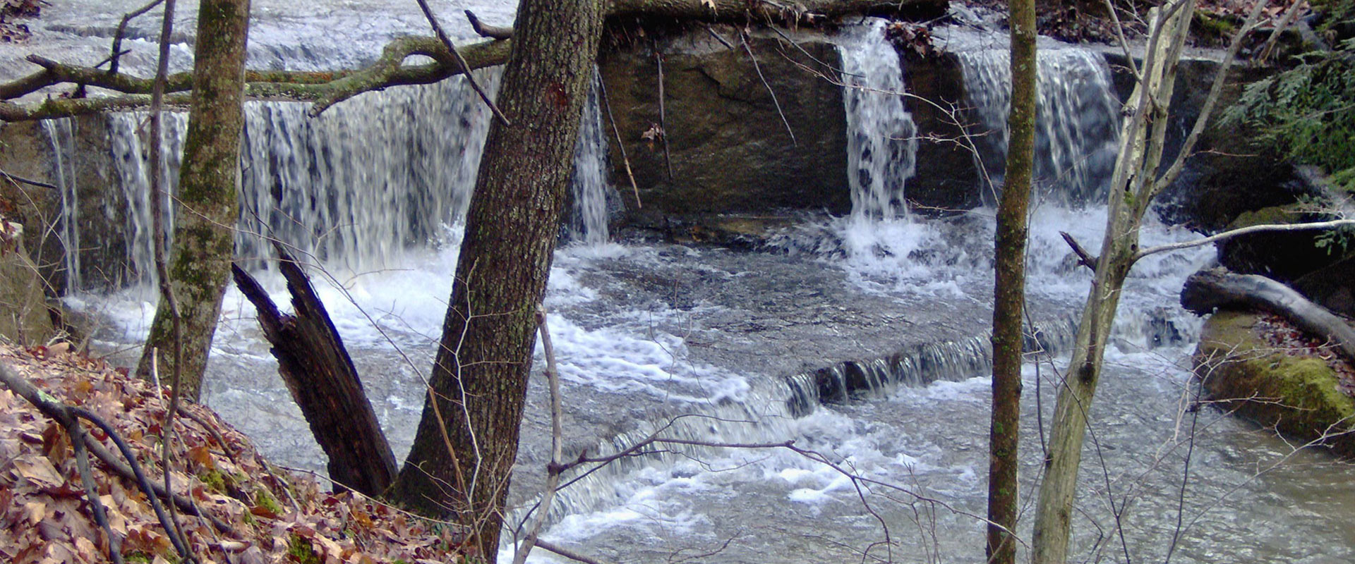 Waterfall in the winter, with bare trees.